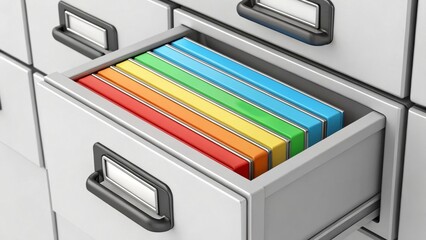 Fototapete - A colorful drawer filled with neatly arranged folders, showcasing a vibrant spectrum of colors, emphasizing organization and accessibility in a workspace.