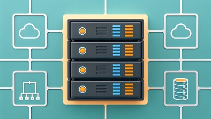 Leinwandbilder - A digital illustration depicting a server rack with networking icons, representing data storage and cloud computing technology.