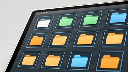Fototapete - A close-up of a digital interface displaying various colored folders on a screen, representing file organization and digital management.