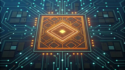 Leinwandbilder - A vibrant, abstract depiction of a central microchip surrounded by intricate circuits, showcasing a futuristic technology theme.