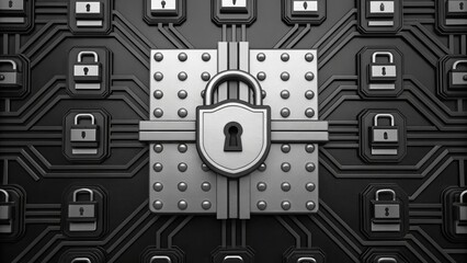 Leinwandbilder - A stylized, metallic lock design set against a dark, circuit-like background, symbolizing security and protection in a digital environment.
