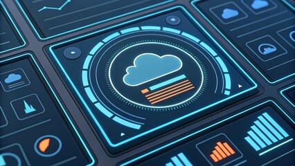 Aufkleber - A sleek, modern interface featuring cloud computing elements and data visualization graphics in a tech-centric design.