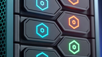 Leinwandbilder - A close-up view of a modern server or data storage device featuring colorful LED indicators on its interface.