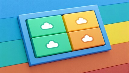 Fototapete - A bright, colorful design featuring cloud icons on rectangular blocks, arranged in a playful grid pattern against a vibrant striped background.