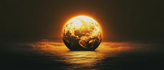 Wall Mural - a large orange planet is floating in the ocean