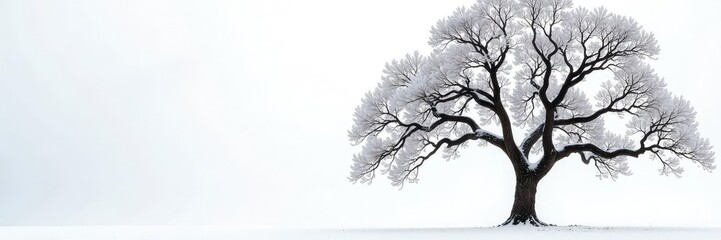 Wall Mural - oak tree branches against a snowy white background, nature, winter