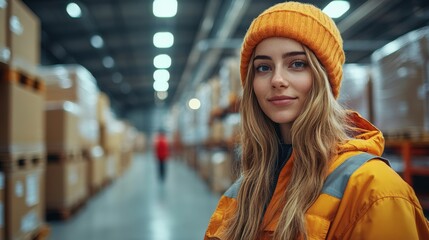 Poster - A young woman in an orange beanie and reflective jacket stands confidently in a busy warehouse. Rows of boxes and cargo fill the background, showcasing the logistics environment.
