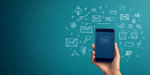 Hand holding smartphone with email icon surrounded by various doodle elements on a teal background