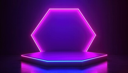 Poster - Hexagon Base Podium Exhibition Platform With Blue Violet Led Neon Lights For Smartphone Technology Showcase In Neon Pink Glow