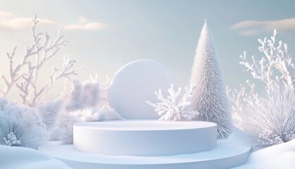 Poster - Festive Holiday Display With Ice Stand, Platform, Pedestal, And Podium For Advertising. Chilly Decor For Winter Celebrations.