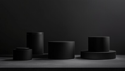 Poster - Luxury Black Dark: Sculptural Composition For Creative Advertising With Round Pedestals And Solid Black Cylinder As Empty Podium For Product Promotion.