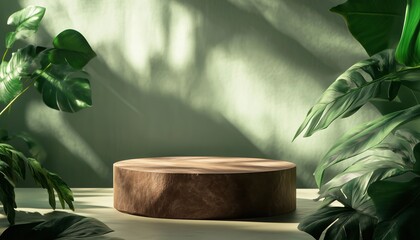 Poster - Brown Stone Podium Pedestal Resting On A Bed Of Green Leaves, Ideal For Showcasing Products In A Elegant And Natural Setting.