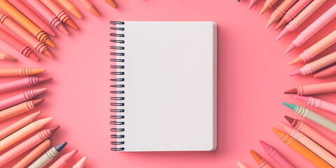 Poster - Blank spiral notebook surrounded by pastel crayons on pink background Mockup for text or design