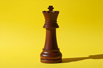 Poster - Dark brown wooden chess queen on yellow background, showcasing leadership, strategy, and power concepts