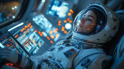 Poster - An astronaut sits focused in a spacecraft, surrounded by control panels illuminated by numerous screens and buttons, ready for an upcoming mission into space.