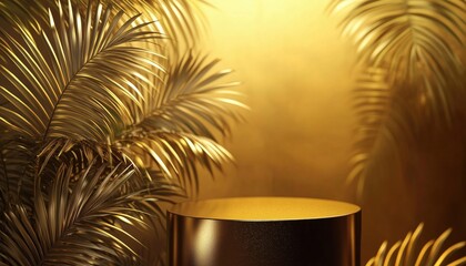Poster - Luxury Stand For Brand Promotion: Golden Palm Leaves And Dark Empty Pedestal Exhibition Podium With Blank Mockup Space For Tropical Summer Decor And Advertisement