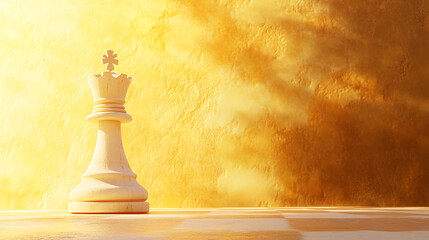 Poster - White chess queen on a chessboard against a gold textured background, showcasing leadership, strategy, and power in a business or game context