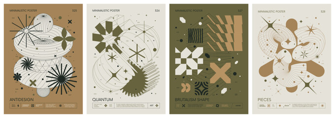 Fototapete - Brutalist style vector minimalistic Posters with silhouette basic figures, Retro futuristic graphic elements of geometric shapes rave composition, Modern color print artwork, set 82