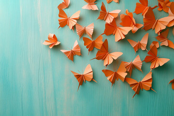 Poster - Orange paper butterflies on teal wood background, creating a vibrant and airy scene, showcasing spring, freedom, or decoration concepts, with free space for text