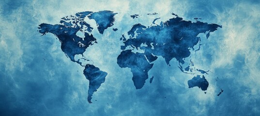 Fototapete - World map on grunge blue background. Generative AI technology.	
