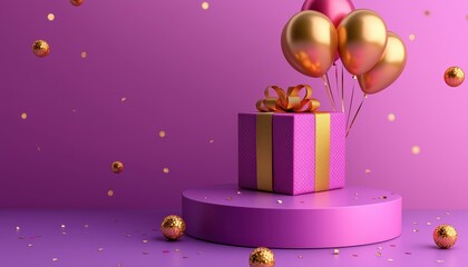 Poster - Luxurious Product Podium Featuring Realistic Gift Box And Balloons With Golden Ribbon Element Against A Elegant Backdrop. Elevate Your Presentation!