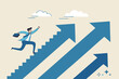 © Sector30 - Step to success, improvement, challenge or career growth development, leadership progress, career path direction or stairway to win business concept, businessman walk up arrow stair for victory.