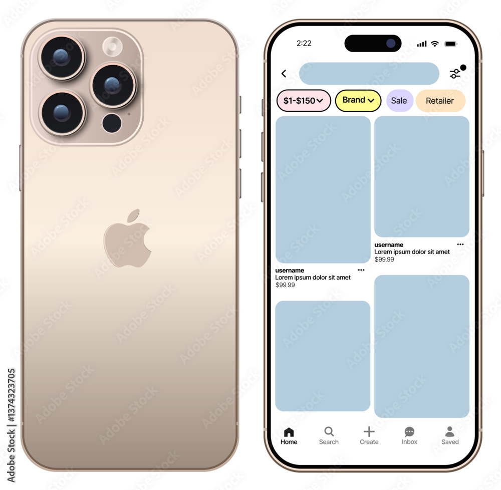 Pinterest UI mockup template. Visual discovery platform layout with pin ...