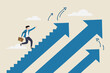 © Sector30 - Step to success, improvement, challenge or career growth development, leadership progress, career path direction or stairway to win business concept, businessman walk up arrow stair for victory.