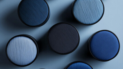 Aufkleber - Circular textile swatches in varying shades of blue, displayed on a light-blue background, showcasing texture and color variations for design inspiration