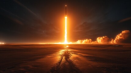 Poster - Bright flames erupt from the rocket as it soars into the night sky. The powerful launch demonstrates advanced aerospace technology and the achievements of modern spaceflight.