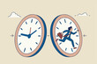 © Sector30 - Time management or time travel to the future, time flied fast to work deadline, productivity or efficiency, effort or work schedule, evolution concept, businessman jump into clock to the future.