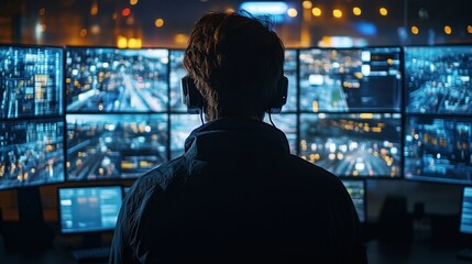 Fototapete - An operator oversees multiple screens displaying a city's transportation routes and traffic flow, enhancing security and automation at night from a control center.