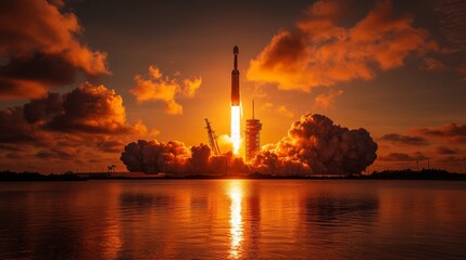 Poster - A powerful rocket launches at dusk, illuminating the sky with bright orange and red hues while producing billowing clouds of smoke.