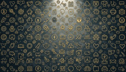 Poster - Creative business icons and symbols digital workspace graphic design modern environment aerial view visual communication concept