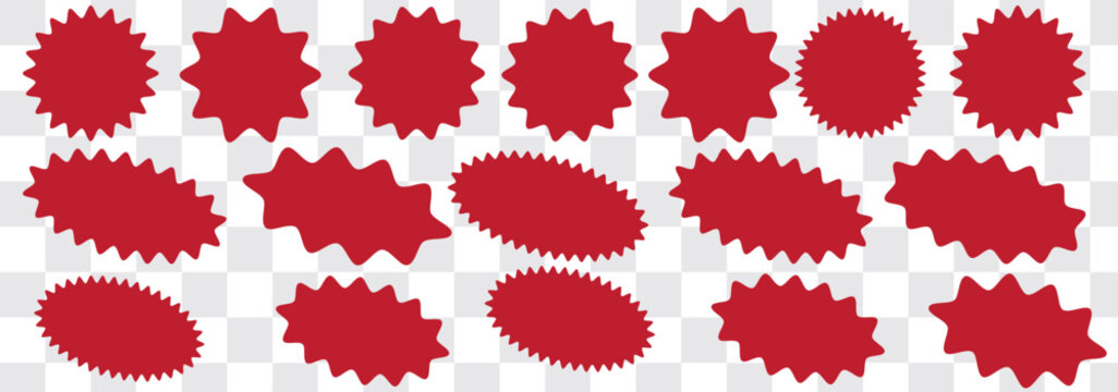 Red starburst sticker set. Special offer price tag. Price sticker, sale sticker, starburst, quality mark, retro silhouette. Sunburst retro sale badge, quality signs, sale icons. star blank label.