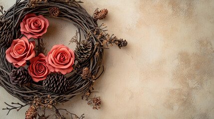 Poster - Peach-colored roses and pine cones adorn a twig wreath against a beige textured background Free space available for text or design, perfect for autumnal or rustic themes