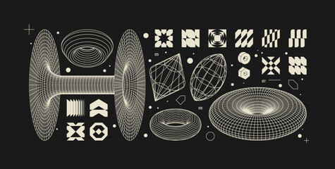 Aufkleber - Vector graphic assets kit acid style, Postmodern abstract geometric shapes with wireframe elements of different forms, Y2K trendy design in brutalism aesthetic, template symbols set 9