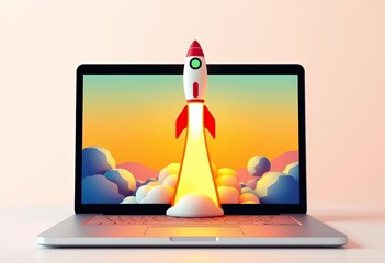 Wall Mural - stylized rocket launching from laptop screen, vibrant colors, minimalist design, energy, ai