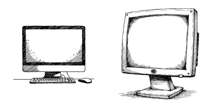 Vintage sketch of computer and monitor icons  