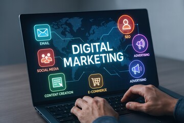 Poster - Digital Marketing at Work: A close-up perspective captures a person engaged in the digital marketing sphere on a laptop