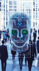 Poster - Digital ad highlighting AI tech and facial recognition in a busy urban setting
