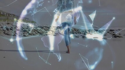 Poster - Walking on beach, person interacting with digital globe and animation overlay