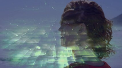 Poster - In school, person using animation with digital data overlay, futuristic concept