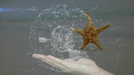 Poster - Hand holding starfish with digital network and data processing animation overlay