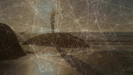 Poster - On beach, silhouette of person with animation overlay of network connections