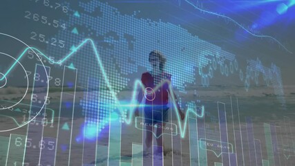 Poster - Child walking on beach with financial data and world map animation overlay