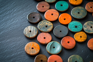 Poster - Scattered colorful wooden discs on dark surface, showcasing texture and color variations, representing craft, design, or product display