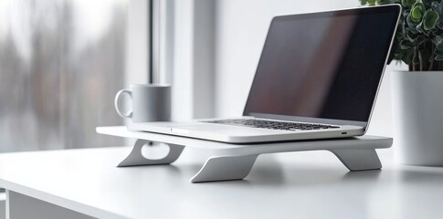 Aufkleber - Modern minimalist white desk setup with a laptop on a stand, coffee mug, and indoor plant by a window. Great for productivity content, remote work inspiration, and tech blogs