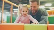 © Lion - A white father helping his young daughter navigate a small obstacle course in a brightly lit indoor play center, warm and supportive, indoor bonding,