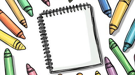 Aufkleber - Spiral notebook mockup surrounded by colorful crayons on white background, showcasing blank space for text or design, ideal for education or creativity themes